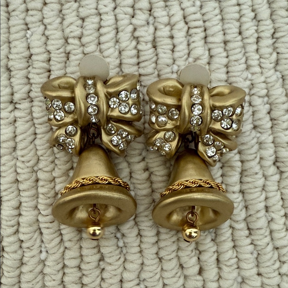 Christmas bell clip on  Gold Bow Earrings with Crystals